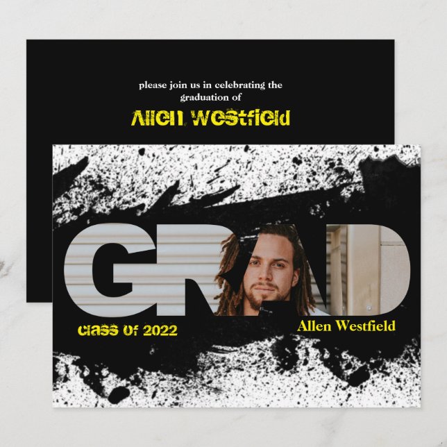 Modernes Funky Black Platsch GRAD Foto Einladung (Vorne/Hinten)