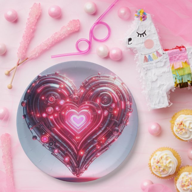 Modernes futuristisches leuchtendes rosa Herz Pappteller (Party)