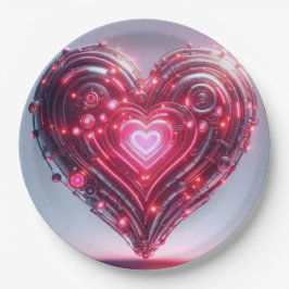 Modernes futuristisches leuchtendes rosa Herz Pappteller