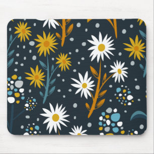 Modernes Gänseblümchen-Muster auf Dunkelblau Mousepad