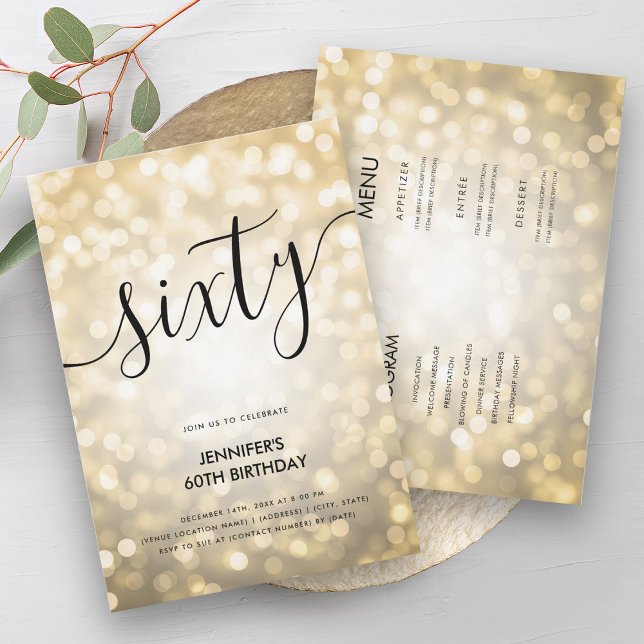 Modernes Ganzes in einem goldenen Glitzer beleucht Einladung (Modern All In One Gold Glitter Lights 60 Birthday Invitation)