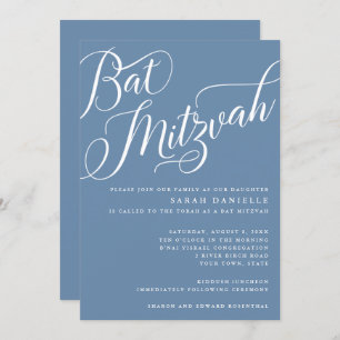 Modernes Geblüht Script, Dusty Blue Bat Mitzvah Einladung