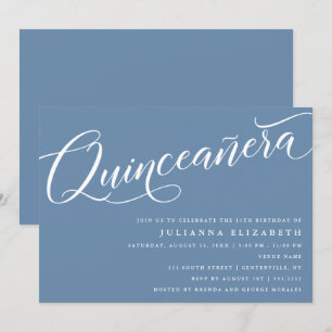Modernes Geblüht Script, "Quinceanera", Dusty Blue Einladung