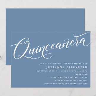 Modernes Geblüht Script, "Quinceanera", Dusty Blue Einladung