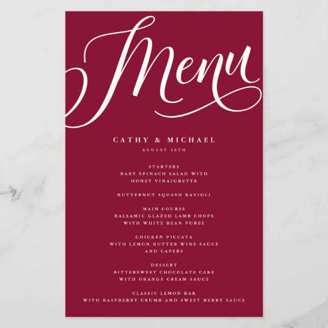 Modernes Geblüht Skript, Burgundy Paper Menu Flyer (Vorne)