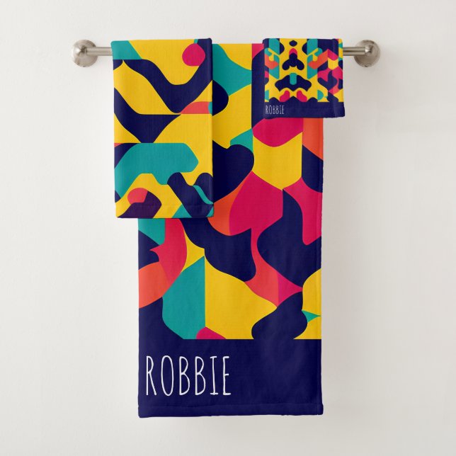 Modernes, gelb-blau-rosa geometrisches Muster Badhandtuch Set (Insitu)