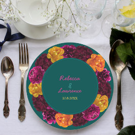 Modernes, gelb-rosa-grünes Blumenzitat Pappteller