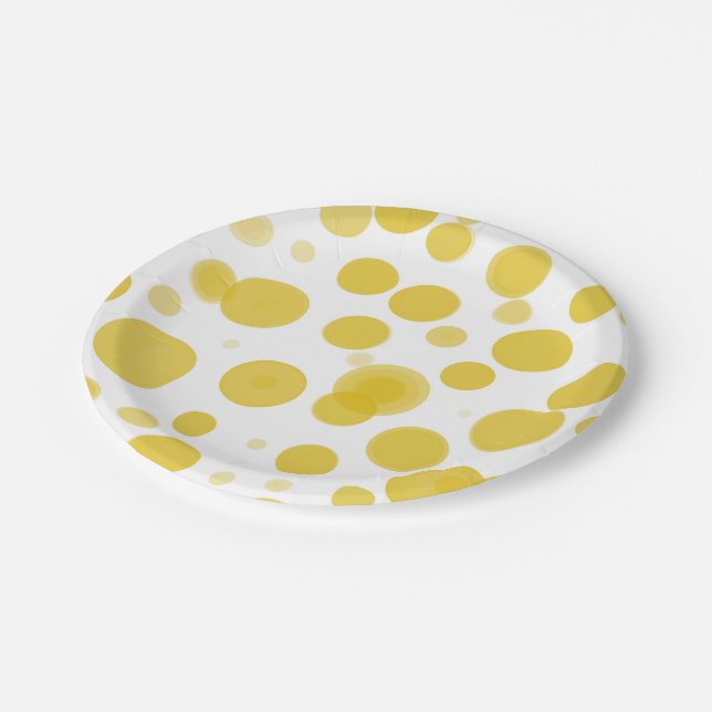 Modernes Gelb- und Weißpolka-Dot-Bubbles-Party Pappteller (Schrägansicht)