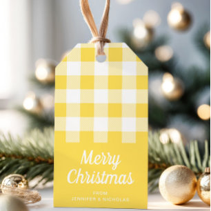 Modernes Gelbes Kariertes Muster frohe Weihnachten Geschenkanhänger