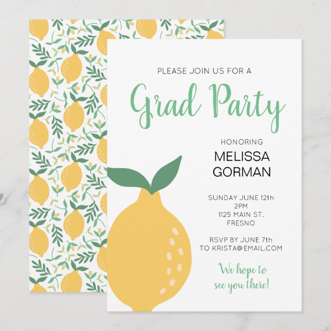 Modernes Gelbes Lemon Grad Party Einladung (Vorne/Hinten)