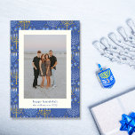 Modernes, gelbes Menorah Hanukkah Zwei Foto Feiertagskarte<br><div class="desc">Moderne Menorah Blau und Gelb Hanukkah Zwei-Foto-Ferienkarte</div>