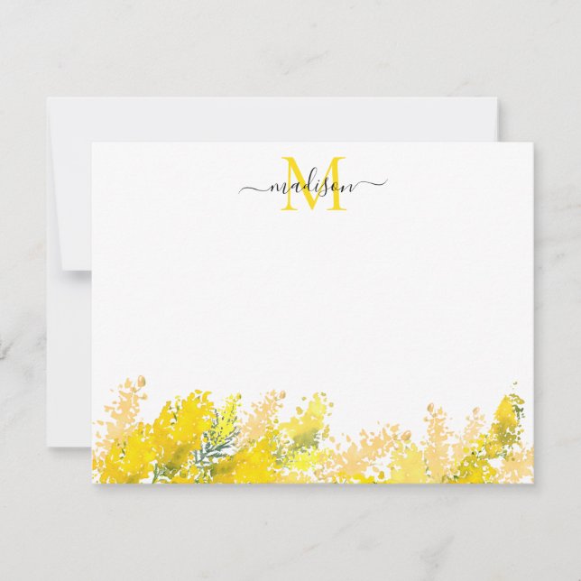 Modernes Gelbes Mimosa Aquarellfarben Monogramm Mitteilungskarte (Vorderseite)