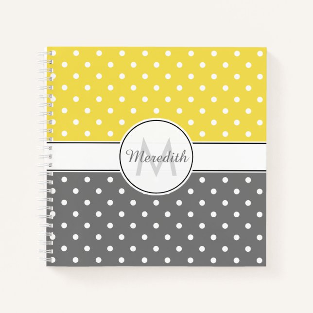 Modernes Gelbgraues Polka-Dot-Muster Monogramm Notizbuch (Vorderseite)