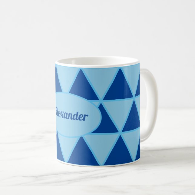 Modernes geometrisch blaues grafisches Muster mit  Kaffeetasse (VorderseiteRechts)