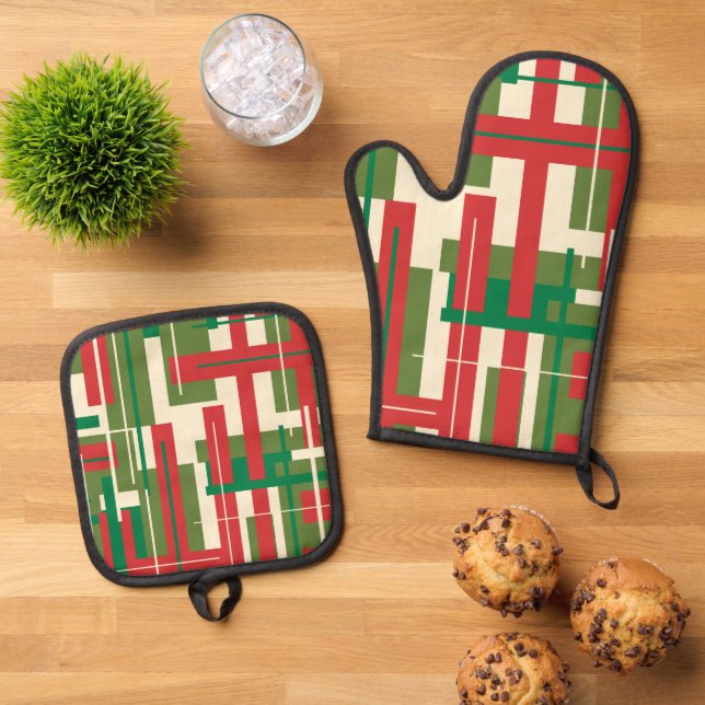 Modernes geometrisches Abstraktes Weihnachtsfest i Ofenhandschuh & Topflappen-Set (Oben Unten)