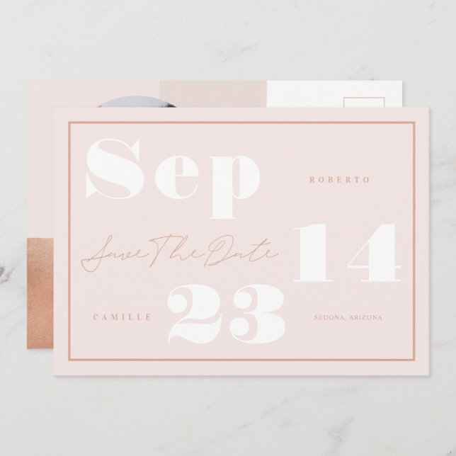 Modernes geometrisches Blush Fett Print Couple's F Save The Date (Vorne/Hinten)