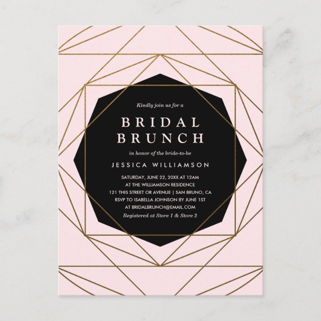 Modernes geometrisches Brunch in Gold, Blush & Bla Einladungspostkarte (Vorderseite)