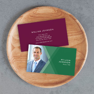 Modernes geometrisches Foto mit grün und Lila Lay Visitenkarte