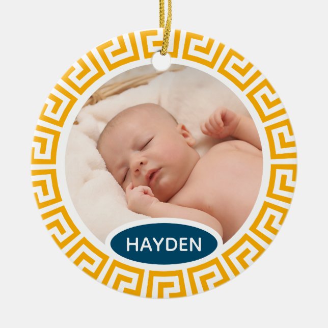 Modernes geometrisches, gelbes Foto Keramik Ornament (Vorne)