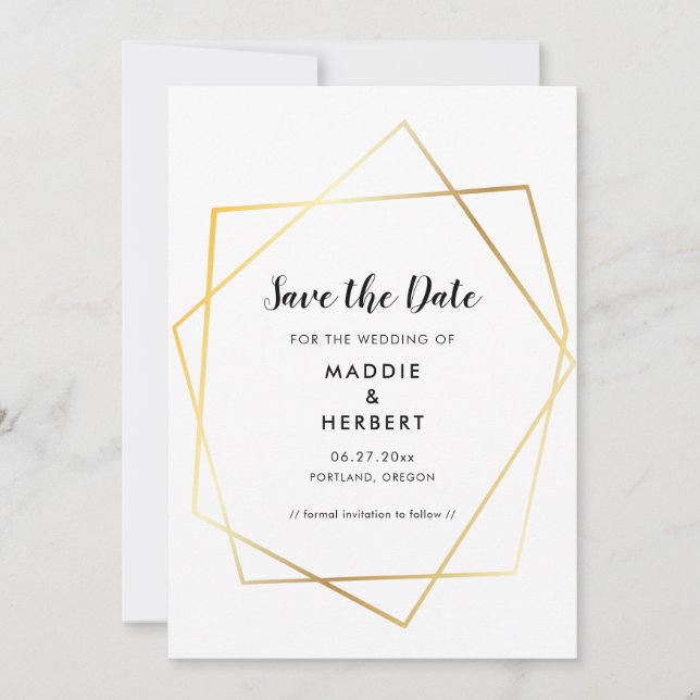 Modernes geometrisches Goldrahmen Save The Date (Vorderseite)