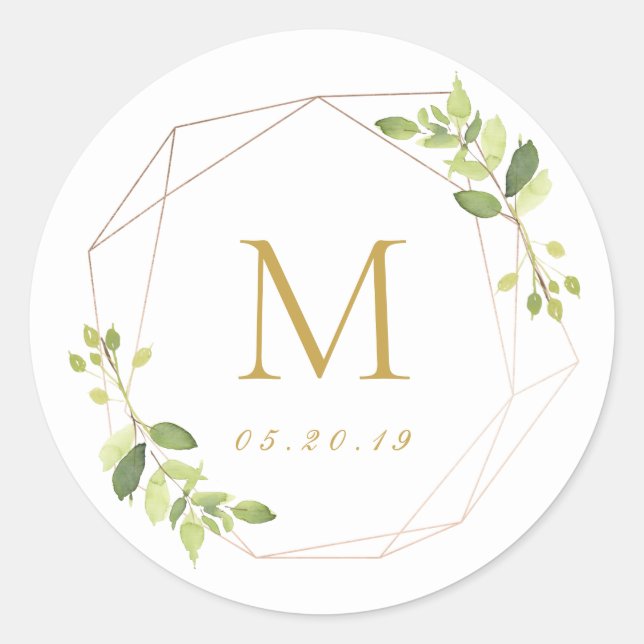 Modernes geometrisches Greenery Wedding Monogram Runder Aufkleber (Vorderseite)