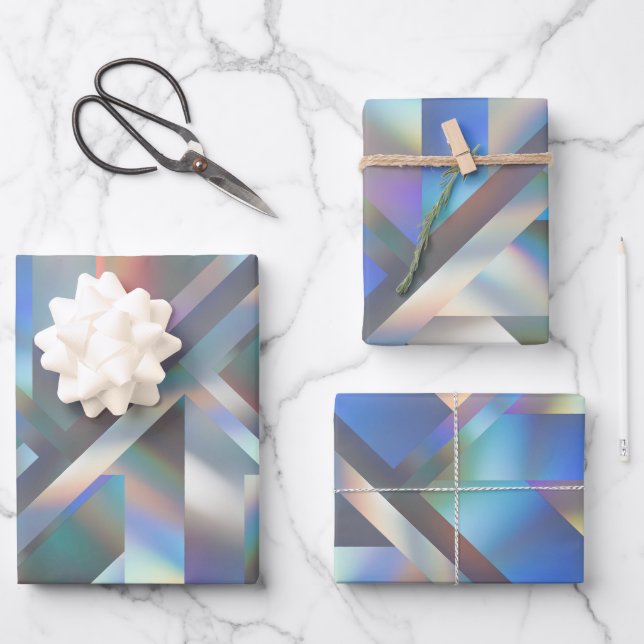 Modernes geometrisches Holografisches Pastel-Rainb Geschenkpapier Set (Vorderseite)