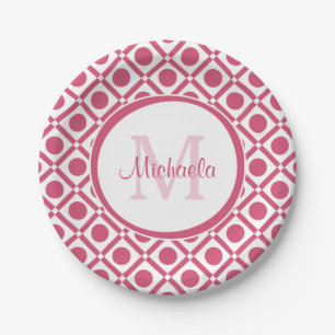 Modernes geometrisches Monogramm mit rosa und weiß Pappteller
