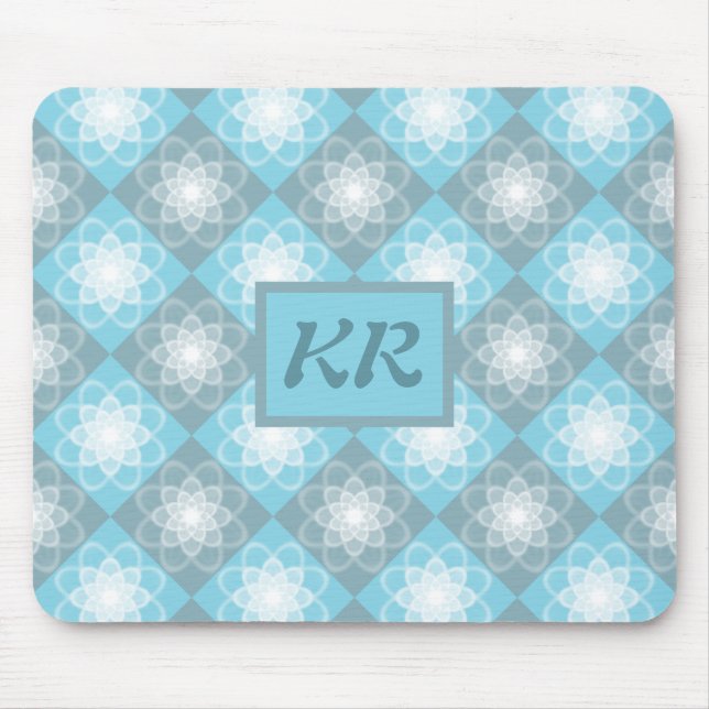 Modernes geometrisches Muster Blau & Grau Monogram Mousepad (Vorne)