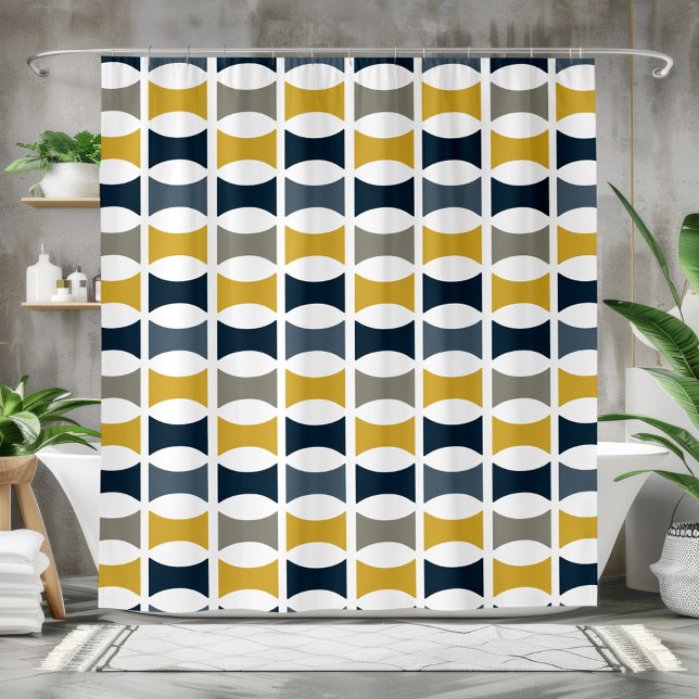 Modernes geometrisches Muster für Mustard der Mari Duschvorhang (Mid Century Modern Geometric Pattern Navy Mustard Shower Curtain)