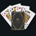 Modernes geometrisches Muster in Gold auf schwarz  Spielkarten<br><div class="desc">Dieses moderne Design zeichnet sich durch einen schwarzen Hintergrund aus,  mit einem Imitat Gold-Look geometrische Muster plus Ihren Namen und Initial in der Mitte.</div>