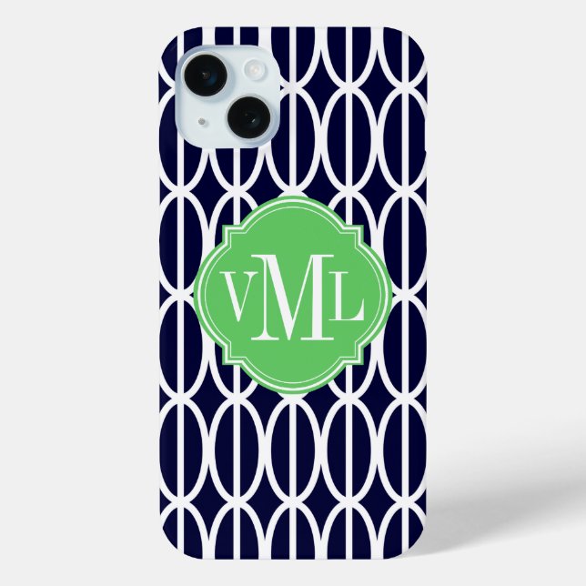 Modernes geometrisches Navy White Muster Monogram Case-Mate iPhone Hülle (Rückseite)