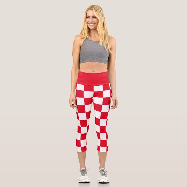 Modernes geometrisches Rot überprüft Capri Leggings (Vorderseite)