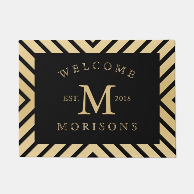 Modernes geometrisches Schwarz & Gold Design Fußmatte (Vorderseite)