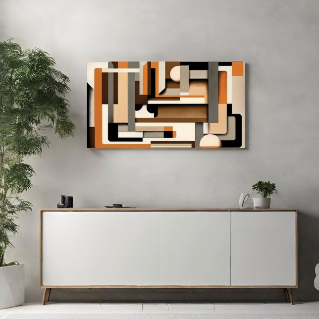 Modernes geometrisches Schwarz, Taupe & Orange aus Leinwanddruck (Printed Canvas Art Mid Century Modern Geometric in Orange Taupe and Black Modern Minimalist)