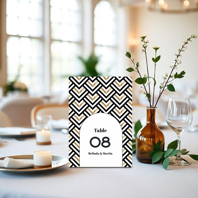 Modernes geometrisches Schwarz und Gold Tischnummer (Modern Geometric Black and Gold Table Number)