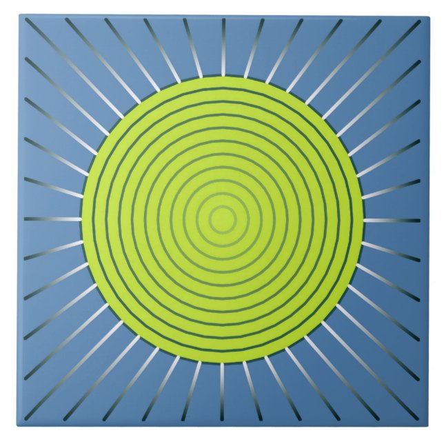 Modernes geometrisches Sunburst - Limon und Denim  Fliese (Vorderseite)
