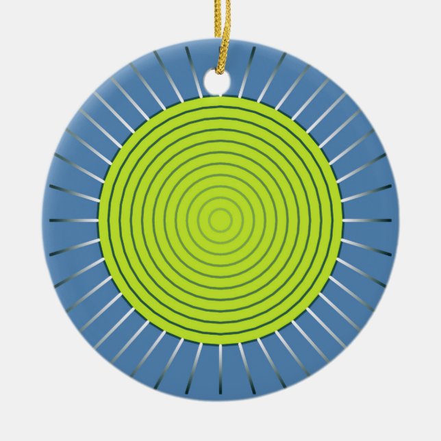 Modernes geometrisches Sunburst - Limon und Denim  Keramikornament (Vorne)