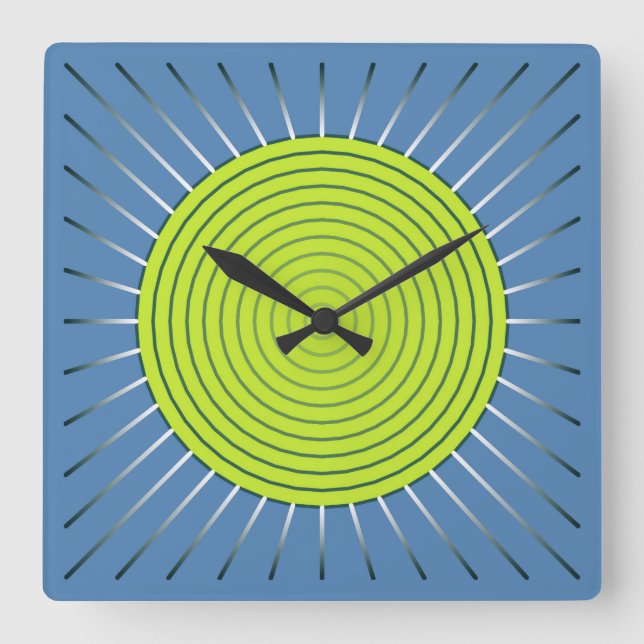 Modernes geometrisches Sunburst - Limon und Denim  Quadratische Wanduhr (Vorderseite)