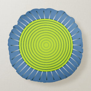 Modernes geometrisches Sunburst - Limon und Denim  Rundes Kissen