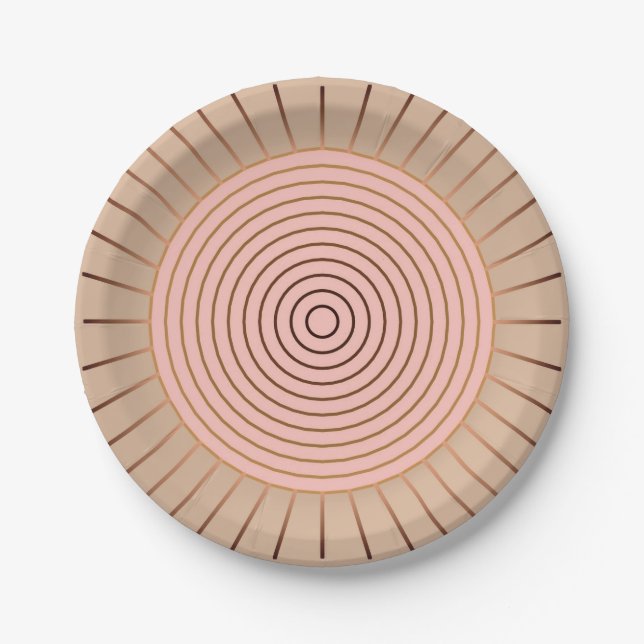 Modernes geometrisches Sunburst - Peach and Tan Pappteller (Vorderseite)