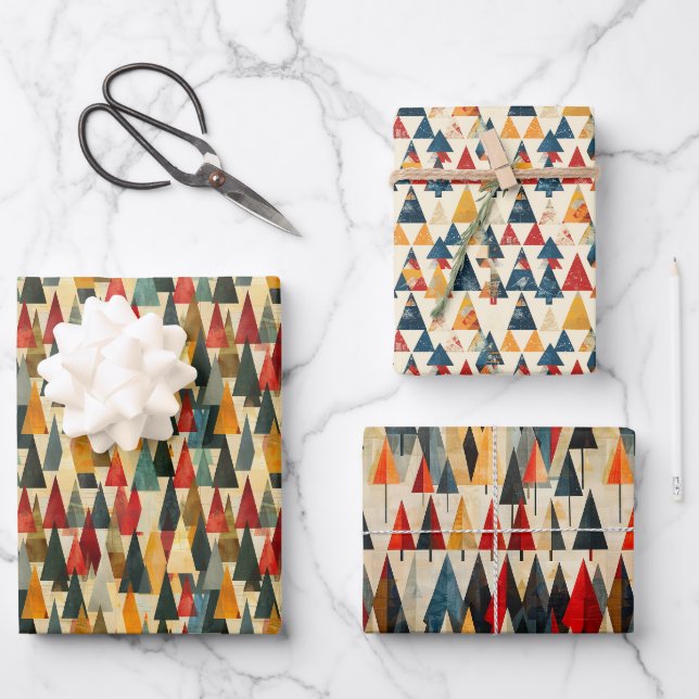 Modernes geometrisches Weihnachtsbaummuster Geschenkpapier Set (Vorderseite)