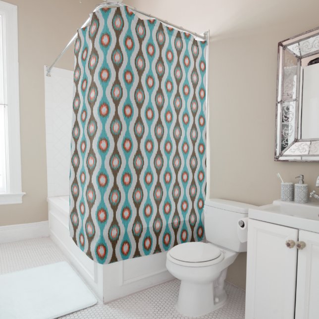 Modernes gestreiftes Ikat-Muster - Aquamarin-braun Duschvorhang (Beispiel)