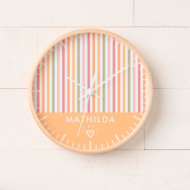 Modernes gestreiftes Kinderzimmer Uhr (nursery and kids room wall clock with name)