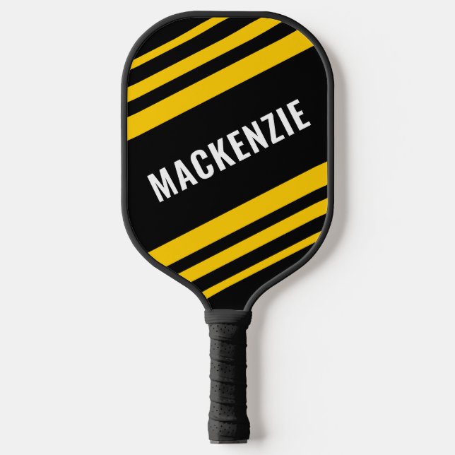 Modernes gestreiftes Schwarz-Gold Personalisiert Pickleball Schläger (Vorderseite)