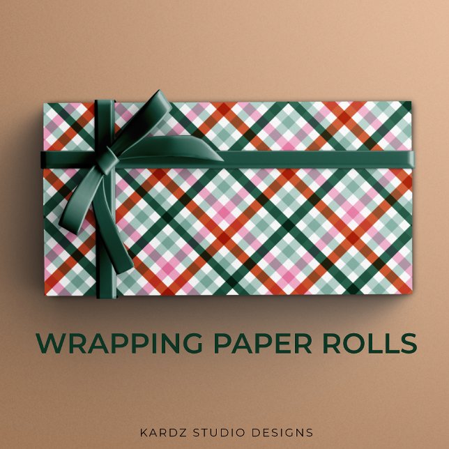 Modernes Gingham Weihnachtsgeschenk Wrapping Paper Geschenkpapier (Christmas gift wrapping paper rolls with a Modern gingham pattern design in red, green, and pink.)