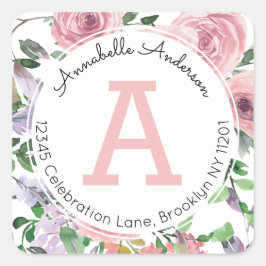 Modernes Girl Blush Pink Floral Watercolor Monogra Quadratischer Aufkleber