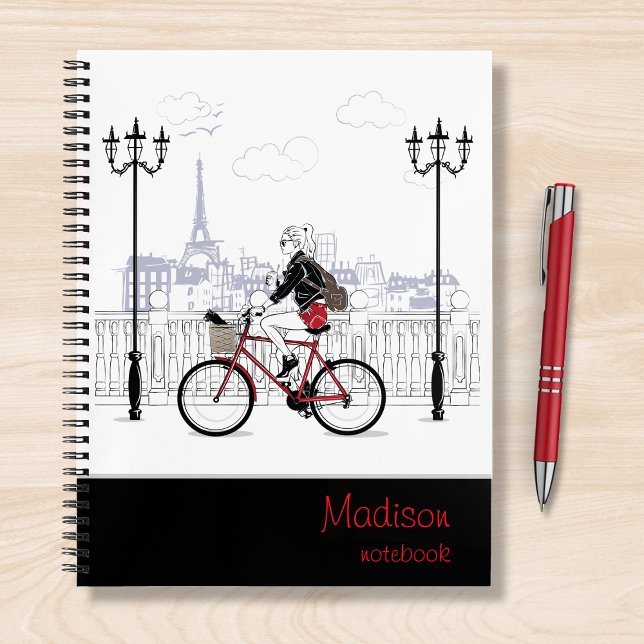 Modernes Girl Cycling Paris Personalisierter Name Notizbuch (Von Creator hochgeladen)
