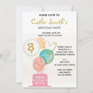 Modernes Girl Gold Balloons Kindergeburtstag Party Einladung