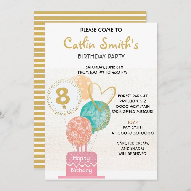 Modernes Girl Gold Balloons Kindergeburtstag Party Einladung (Vorne/Hinten)