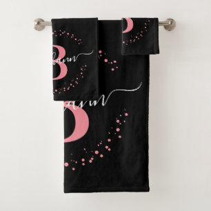 Modernes Girl Pink Black Name Script Mit Monogramm Badhandtuch Set